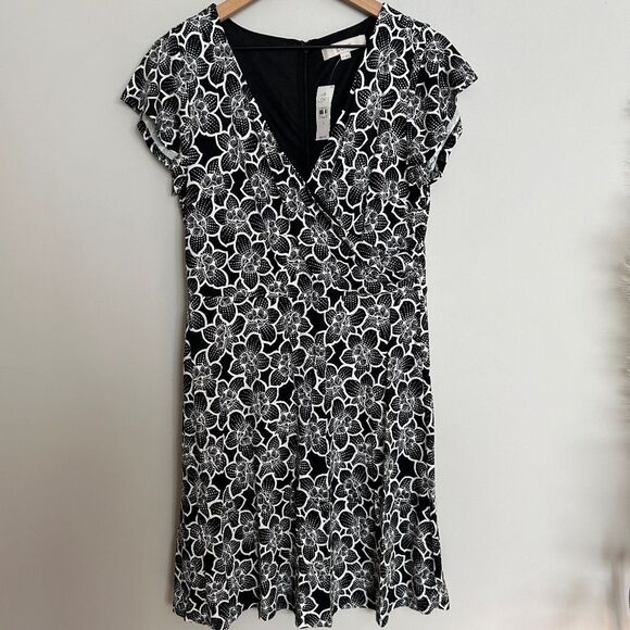 Loft Black and White Flutter Floral Wrap Dress - Picture 1 of 9